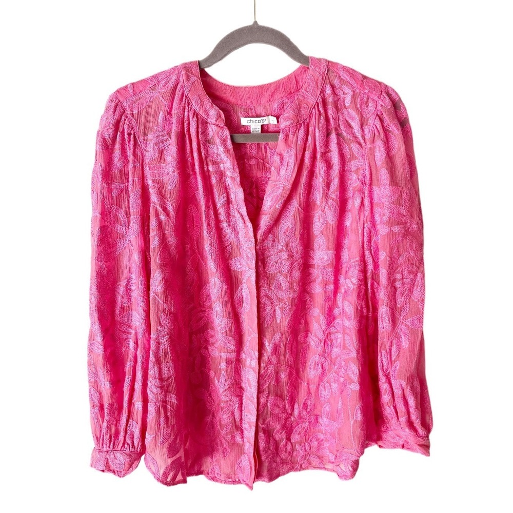 Chico's Pink Semi-Sheer Embroidered Button Front Blouse Size Medium